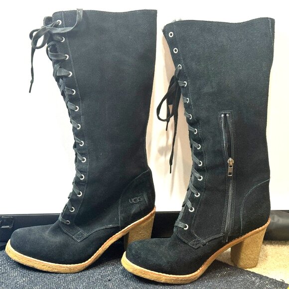 UGG Tall Suede Lace-Up Heeled Boot, Black US 9.5/EU 40.5/UK 8 - Picture 3 of 9